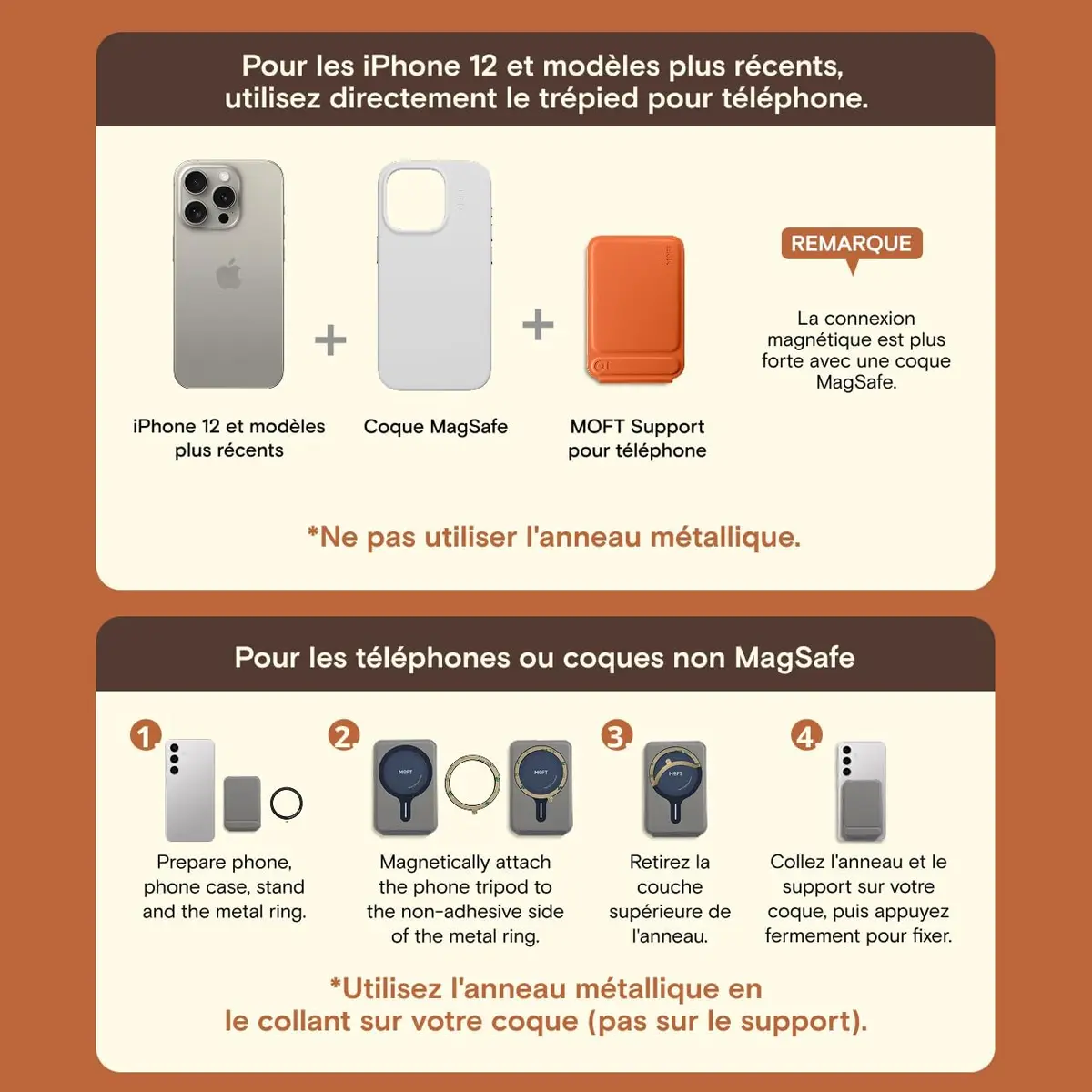 Guide de compatibilité : utilisation directe sur iPhone 12 et plus récents ou coque MagSafe, et guide d'installation en 4 étapes avec l'anneau métallique inclus pour smartphones non-MagSafe.