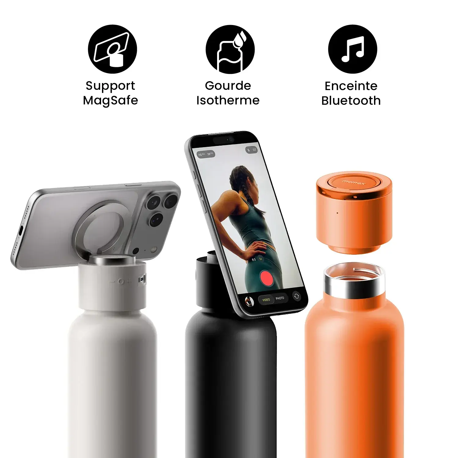 Bouteille isotherme MOMAX 1-Vibe Bottle avec support magnétique et haut-parleur