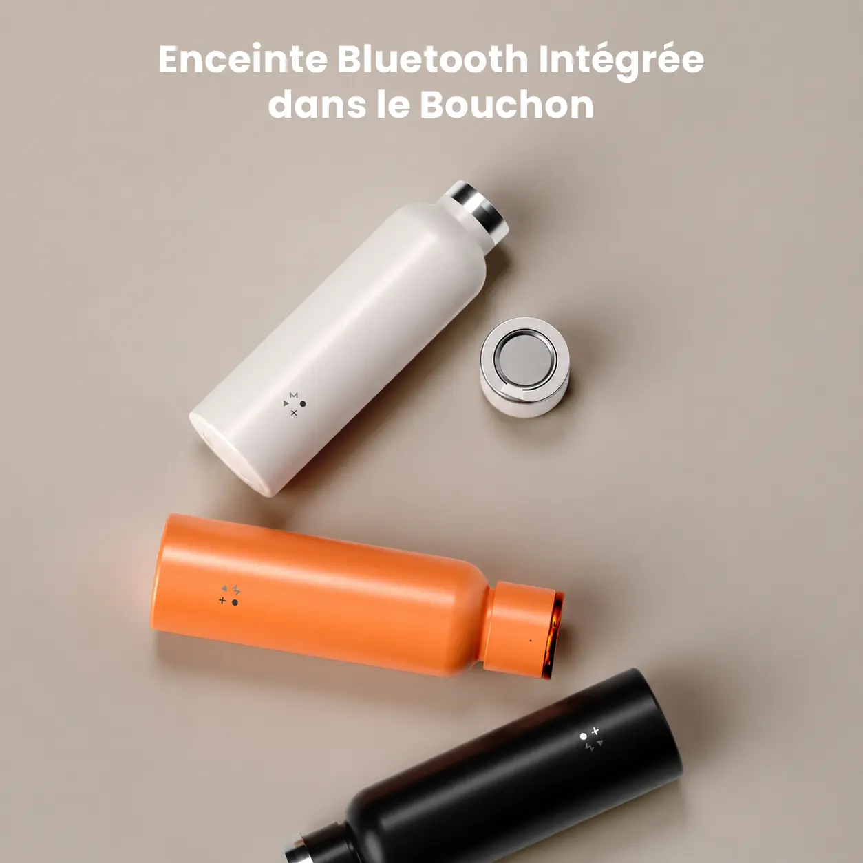 Gourde MOMAX blanche orange et noire avec enceinte intégrée au bouchon