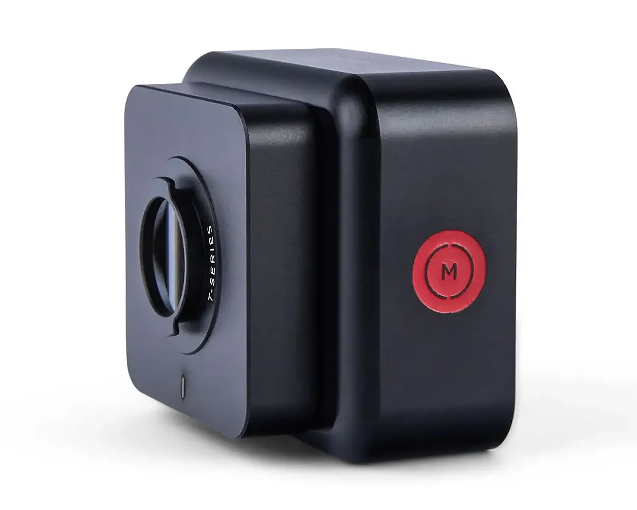 Vue arrière de l'objectif MOMENT Anamorphic 1.33x avec monture T-Series et logo rouge