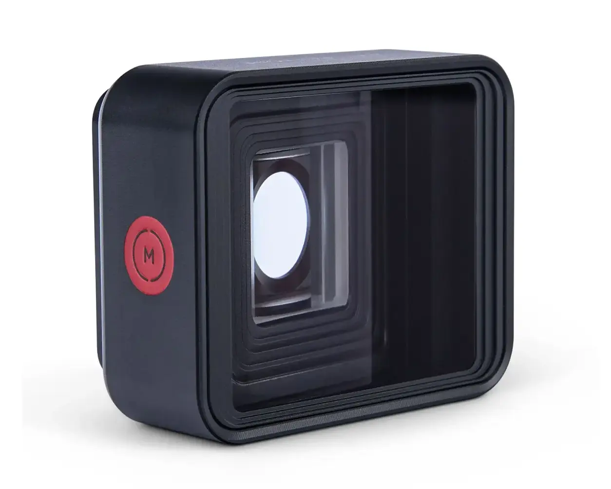 MOMENT Anamorphic 1.55x Natural, vue de trois quarts avec logo MOMENT rouge