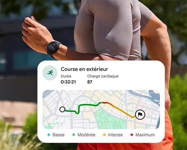 Suivi sportif et GPS de la Google Pixel Watch 5 pendant une course en extérieur