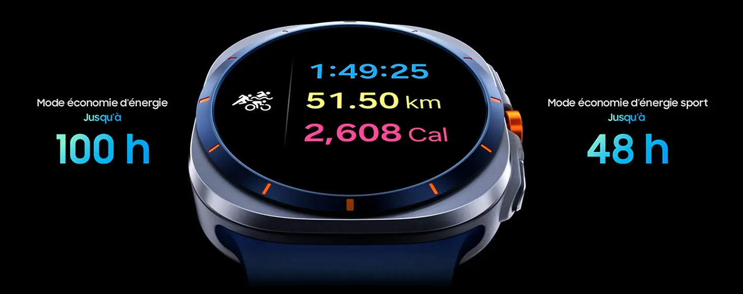 Autonomie longue durée Samsung Galaxy Watch Ultra jusqu’à 100 heures et 48 heures en mode sport GPS