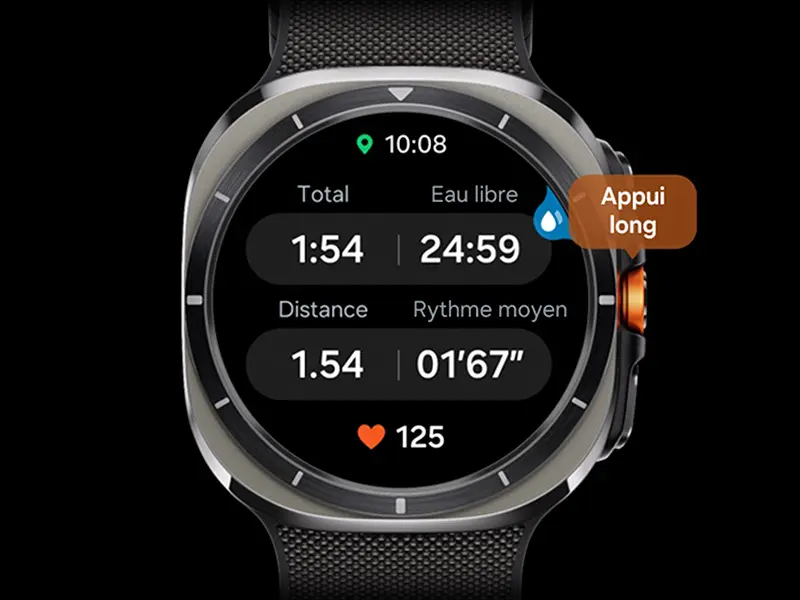 Bouton d'action Samsung Galaxy Watch Ultra permettant de changer rapidement de sport et lancer des entraînements