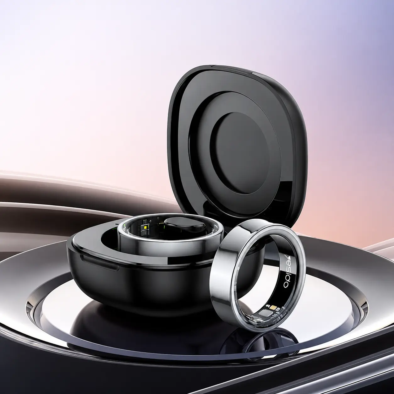 Bague connectée Yesido IO33 avec son boîtier de charge magnétique ouvert