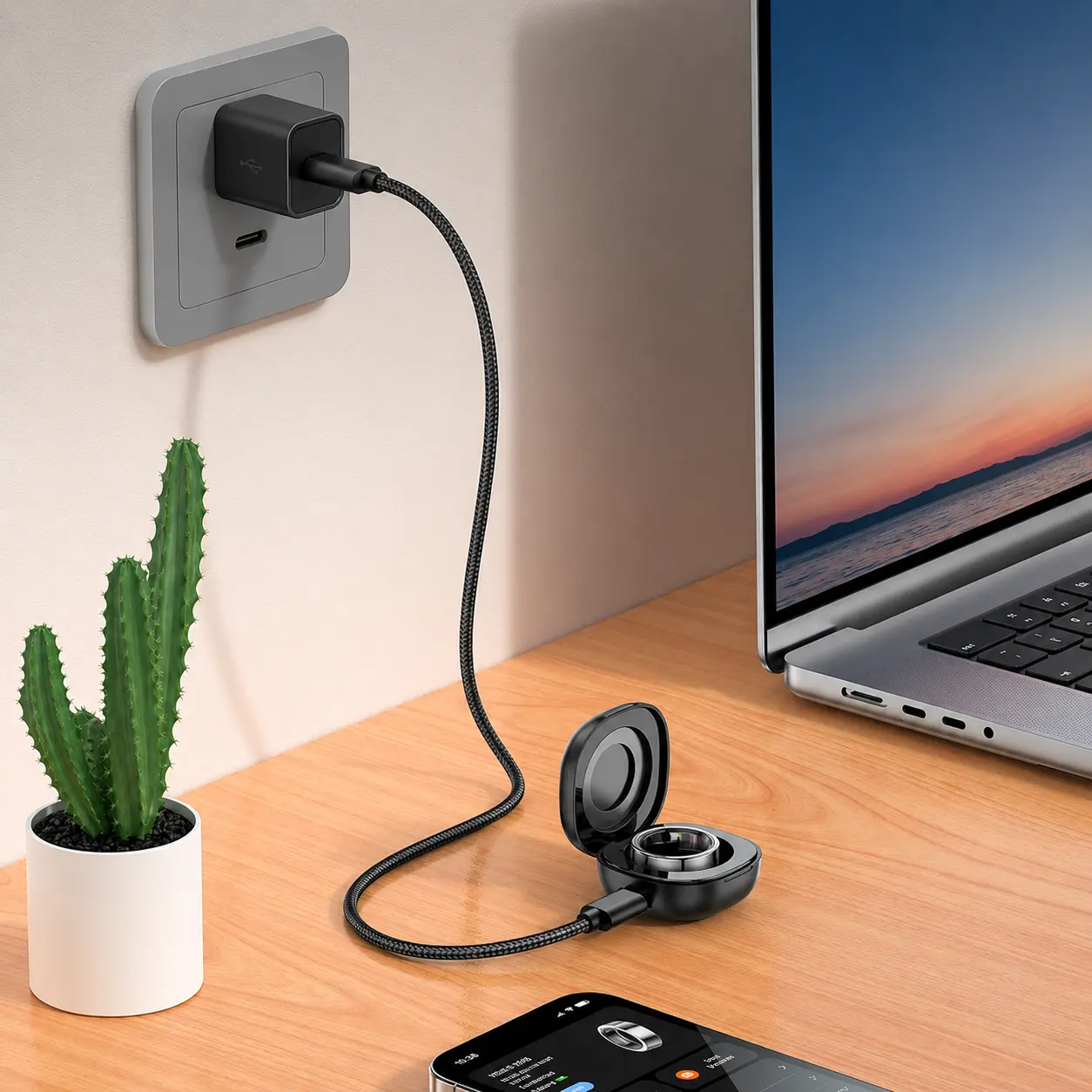 Recharge magnétique de la bague connectée sur un bureau