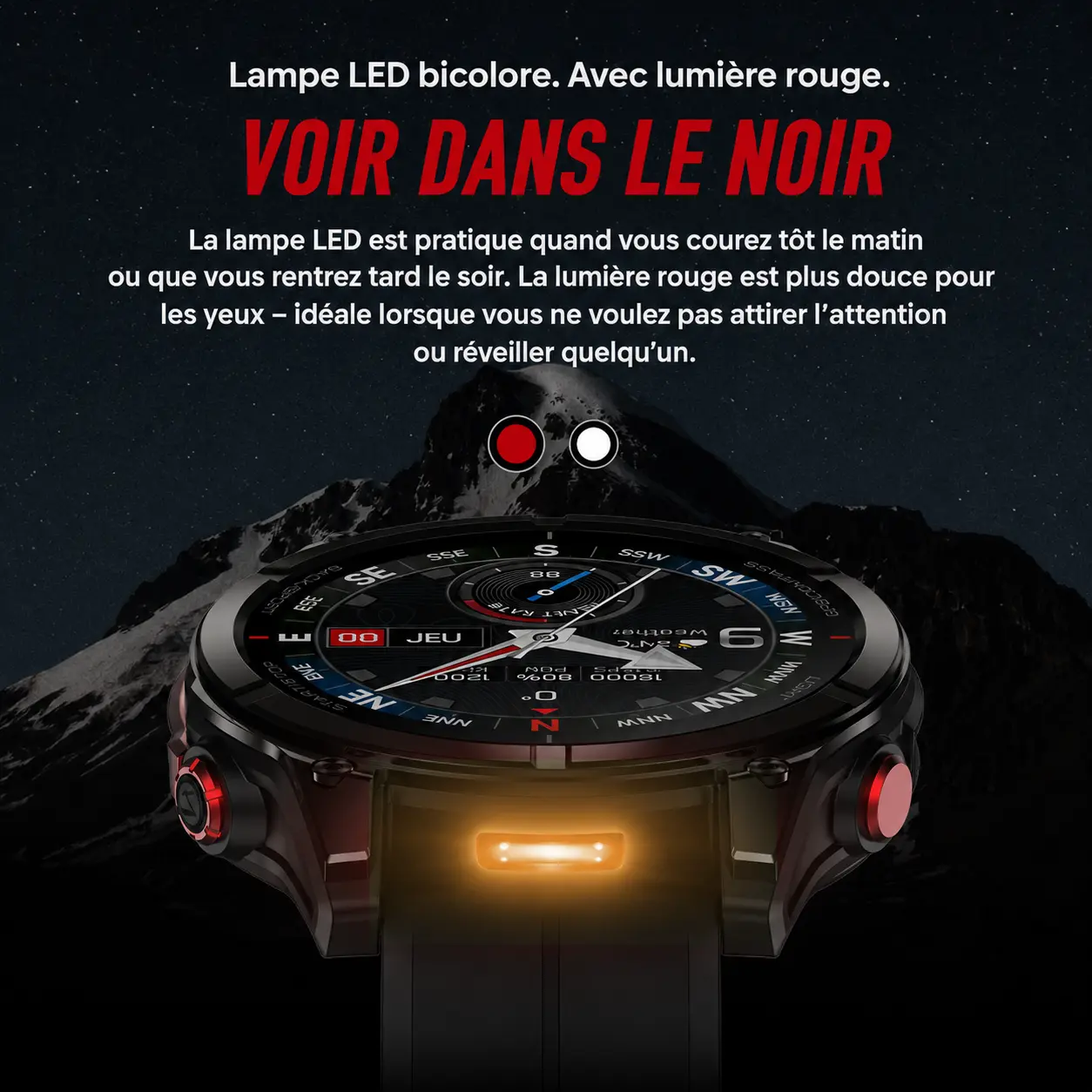 Démonstration de la lampe LED bicolore intégrée à la montre Zeblaze Stratos 4 Pro pour voir dans le noir avec un éclairage blanc ou rouge.