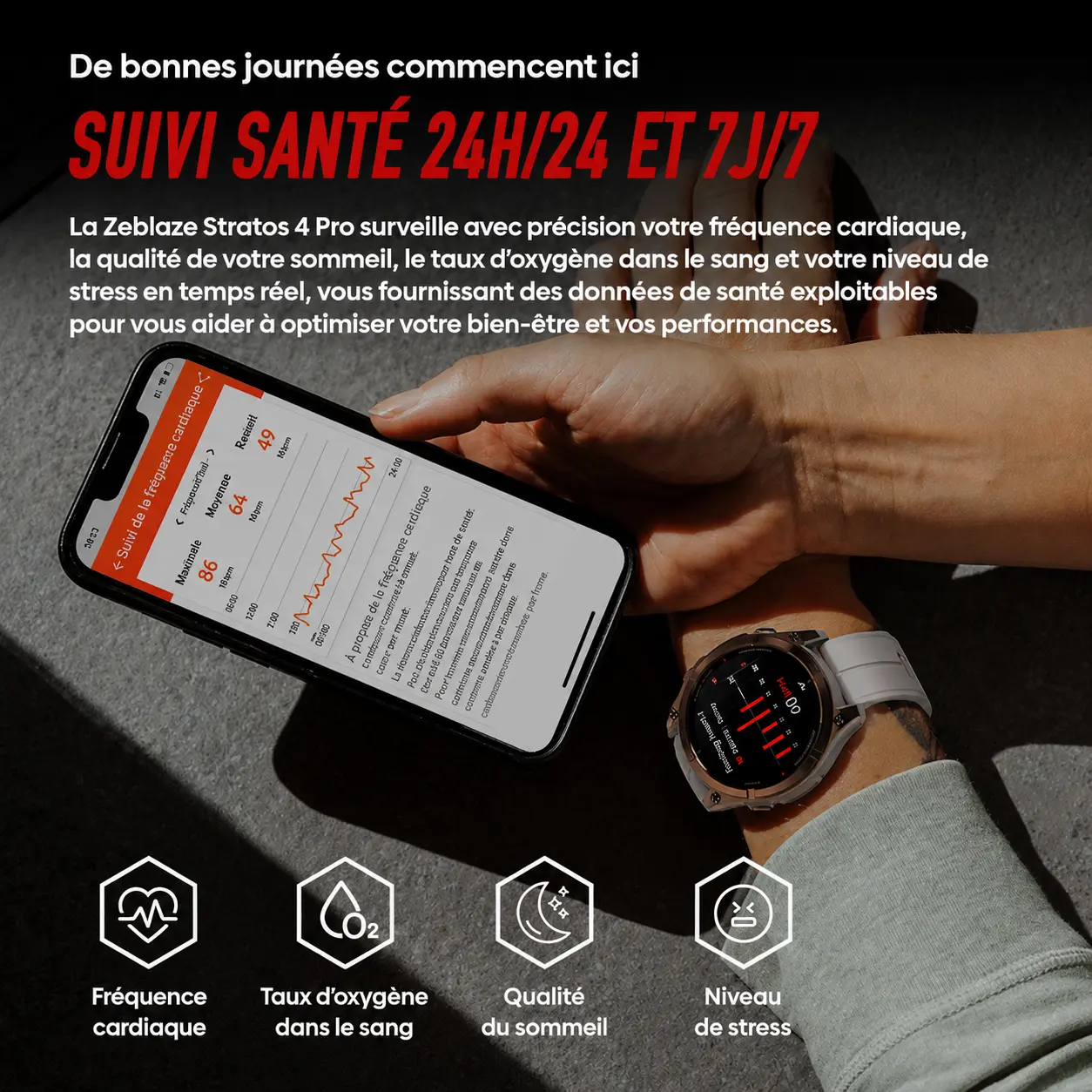 Suivi de santé complet 24 heures sur 24 et 7 jours sur 7 sur la montre Zeblaze Stratos 4 Pro affichant la fréquence cardiaque, le taux d'oxygène dans le sang, le sommeil et le stress.
