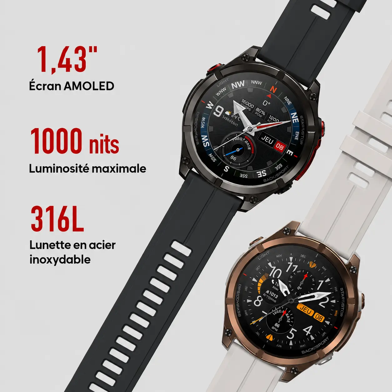 Spécifications de l'écran AMOLED de 1,43 pouce de la Zeblaze Stratos 4 Pro avec une luminosité maximale de 1000 nits et une lunette robuste en acier inoxydable 316L.