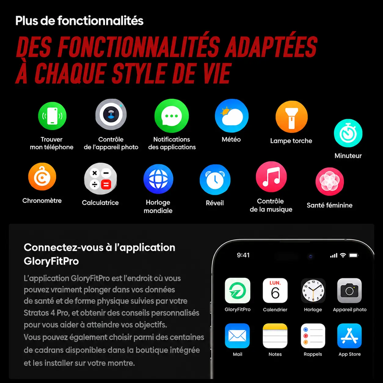 Aperçu des nombreuses fonctionnalités de style de vie et de l'interface de l'application mobile GloryFitPro connectée à la montre Zeblaze Stratos 4 Pro.