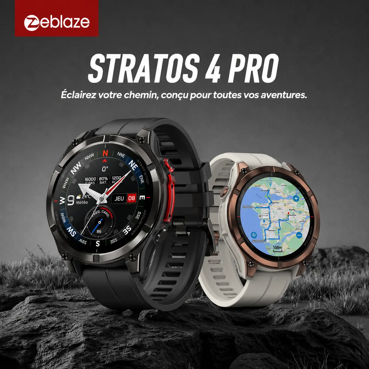 Présentation officielle de la montre connectée Zeblaze Stratos 4 Pro en version noire et beige sur un rocher avec le slogan Éclairez votre chemin, conçu pour toutes vos aventures.