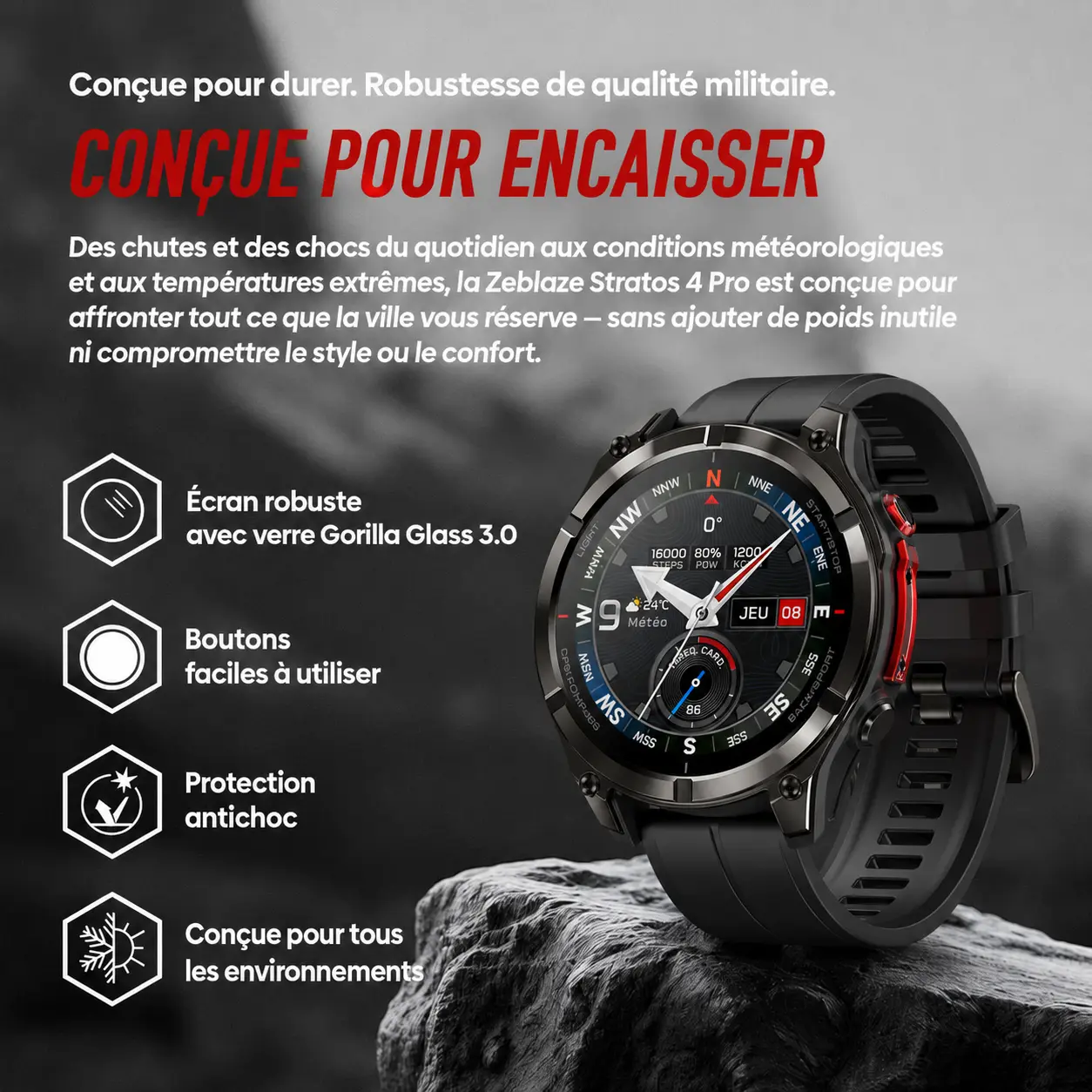 Focus sur la robustesse de qualité militaire de la montre Zeblaze Stratos 4 Pro avec son écran en verre Gorilla Glass 3.0 et sa protection antichoc.