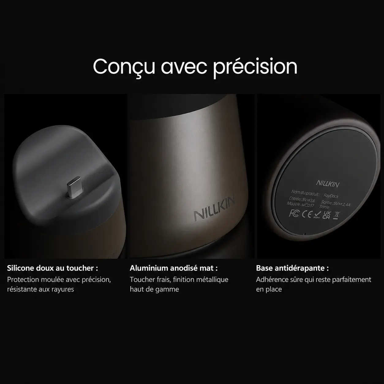 Matériaux de haute précision silicone doux aluminium anodisé et base antidérapante