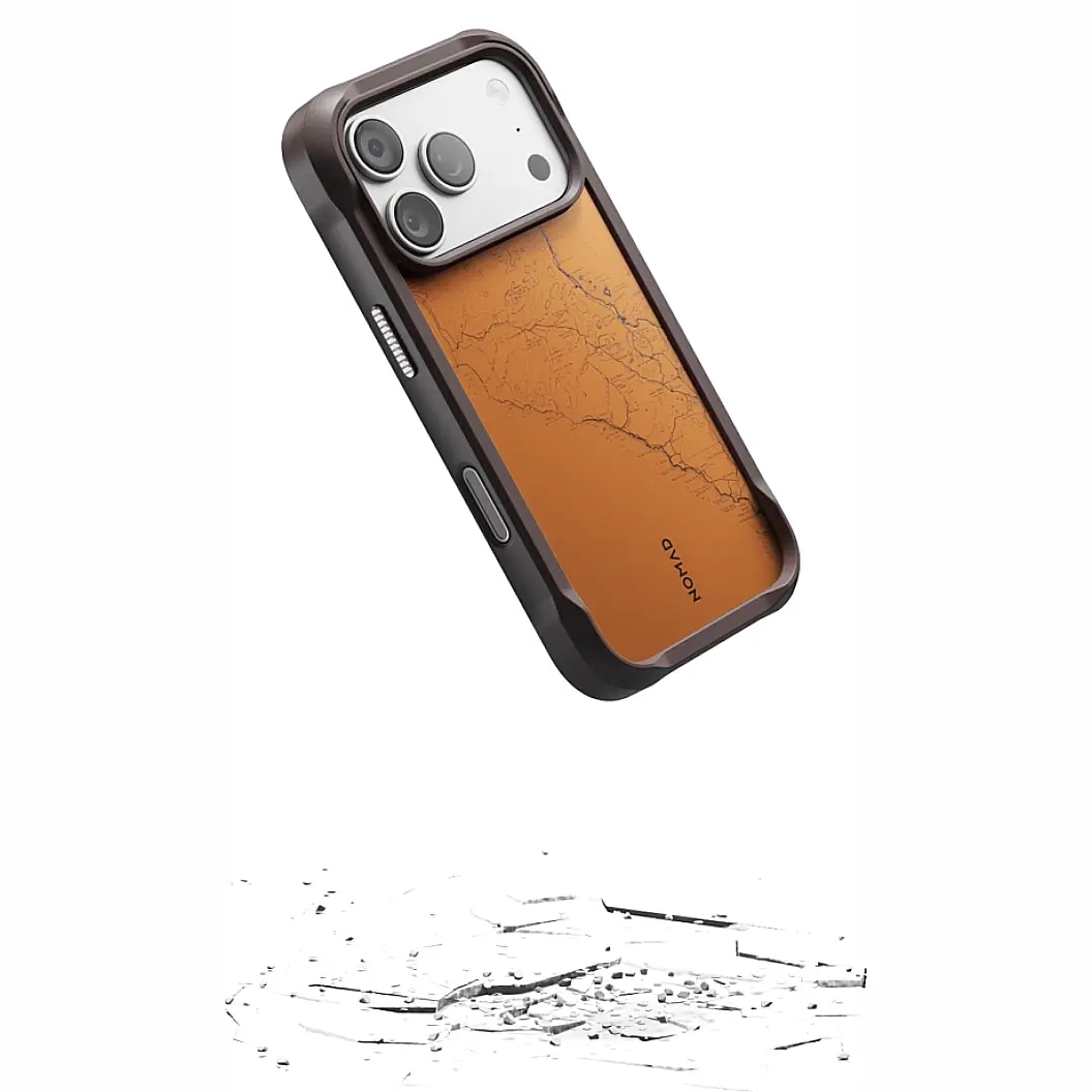 Coque NOMAD Rugged Case Arroyo marron et orange illustrant sa protection antichoc contre les chutes jusqu'à 4,50 mètres