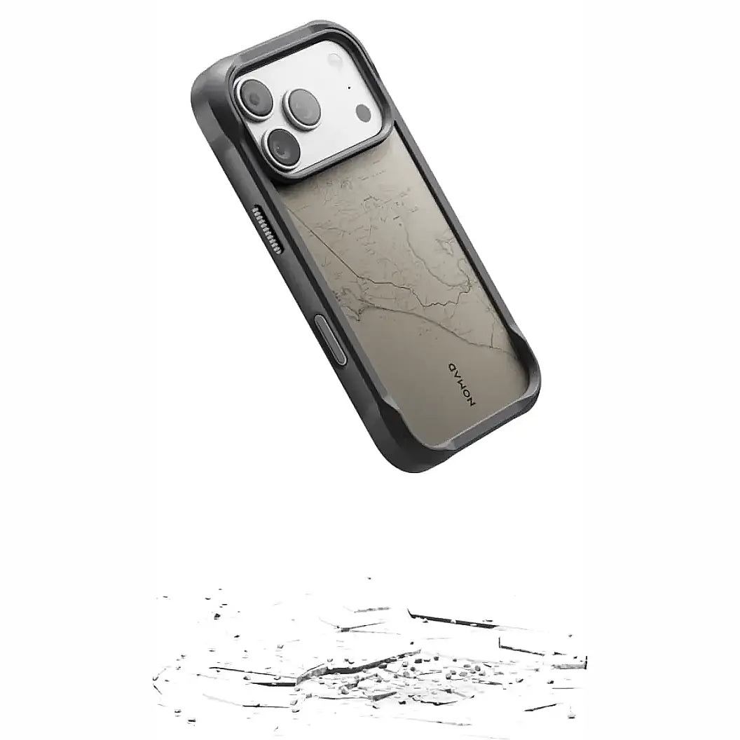 Coque NOMAD Rugged Case Balandra beige et grise illustrant sa protection antichoc contre les chutes jusqu'à 4,50 mètres