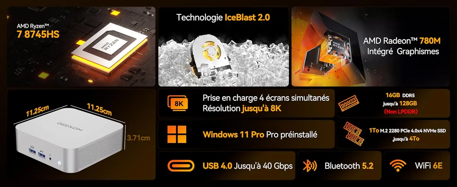 Mini PC GEEKOM A8 Ryzen 7 8745HS avec Radeon 780M, IceBlast 2.0, DDR5, SSD NVMe, Wi-Fi 6E et Windows 11 Pro