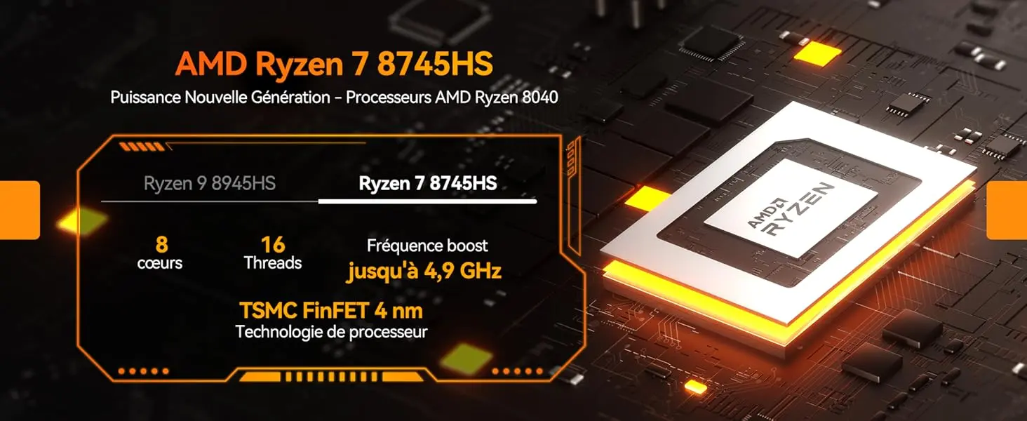 Processeur AMD Ryzen 7 8745HS du Mini PC GEEKOM A8 avec 8 cœurs, 16 threads et fréquence boost jusqu’à 4,9 GHz