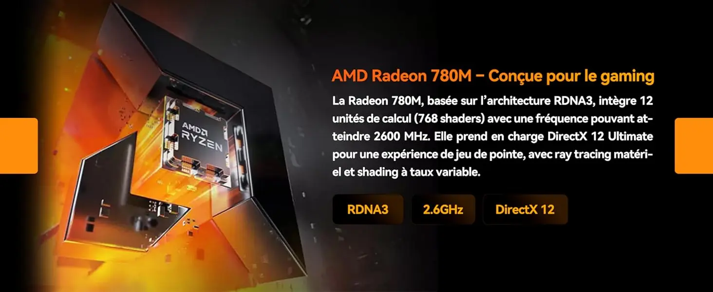 Carte graphique AMD Radeon 780M du Mini PC GEEKOM A8 avec architecture RDNA3, fréquence 2,6 GHz et compatibilité DirectX 12