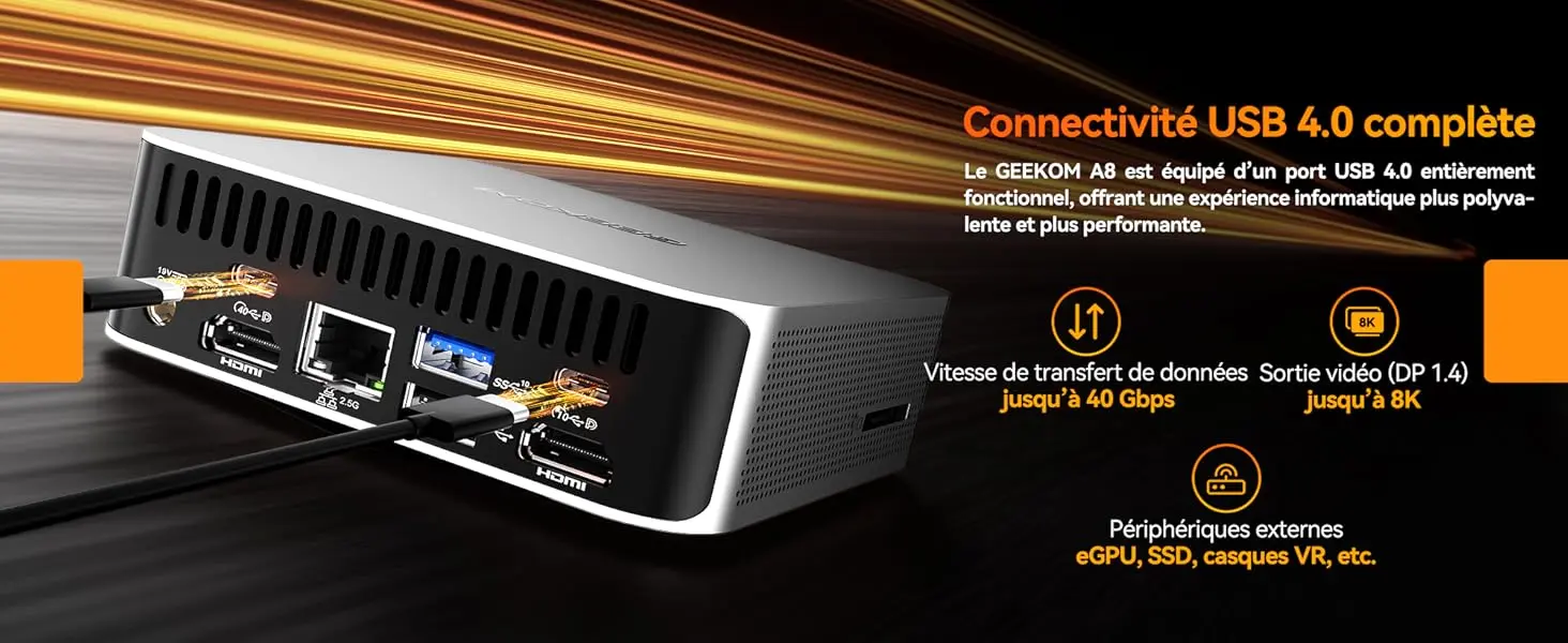 Connectivité USB4 du Mini PC GEEKOM A8 avec transfert jusqu’à 40 Gbps, affichage 8K et compatibilité eGPU