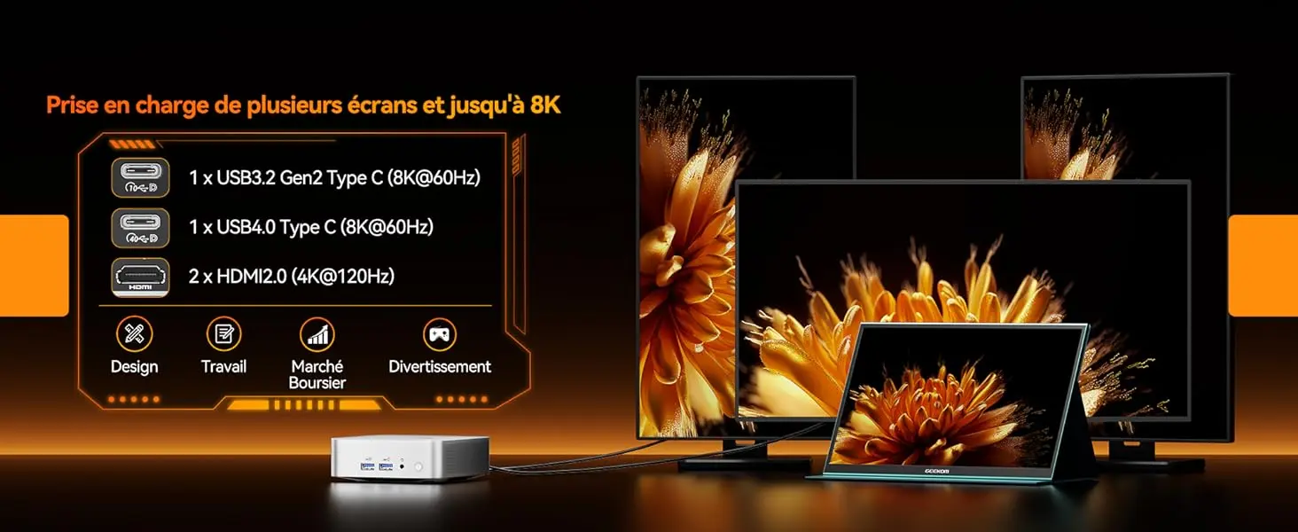 Mini PC GEEKOM A8 compatible multi-écrans jusqu’à 8K avec USB4, USB-C et double HDMI pour travail et divertissement