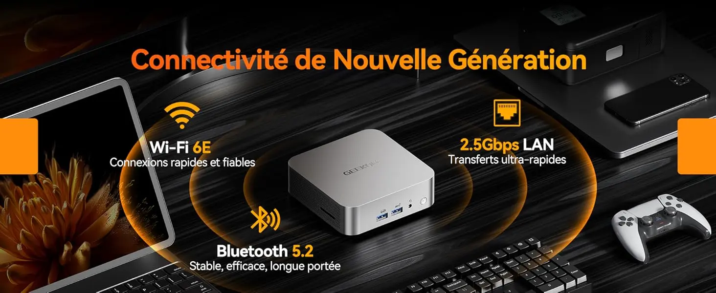 Connectivité du Mini PC GEEKOM A8 avec Wi-Fi 6E, Bluetooth 5.2 et port Ethernet 2,5 Gbps pour transferts rapides et stables