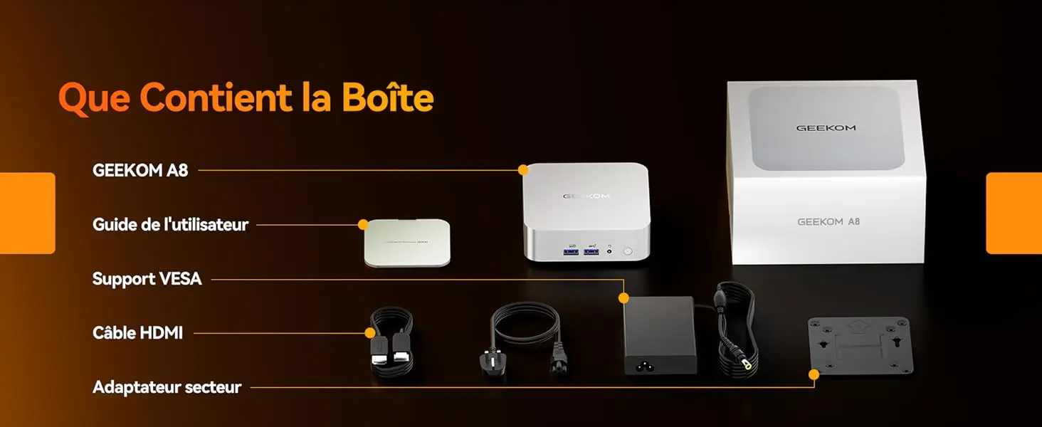 Contenu de la boîte du Mini PC GEEKOM A8 avec support VESA, câble HDMI, adaptateur secteur et guide utilisateur