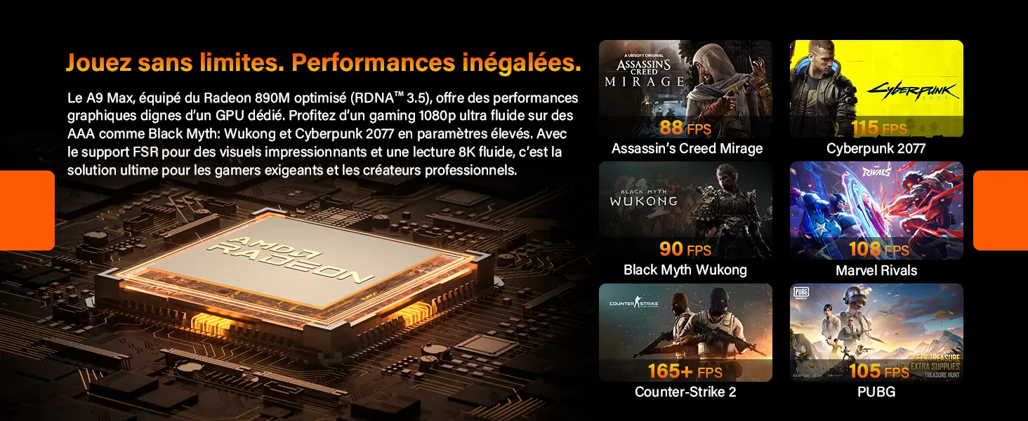 Performances gaming Radeon 890M du GEEKOM A9 Max en 1080p et 8K