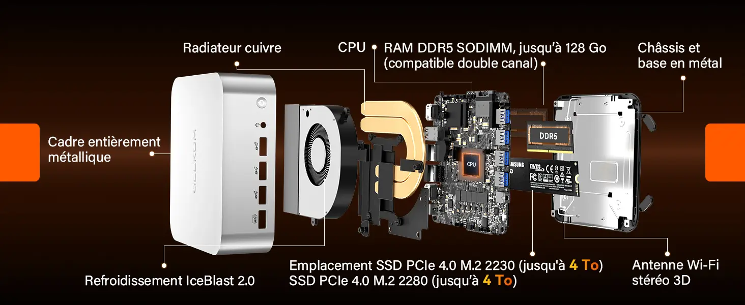 Vue éclatée du GEEKOM A9 Max avec refroidissement IceBlast 2.0 et composants internes
