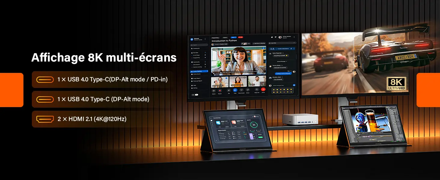 Affichage multi-écrans 8K du GEEKOM A9 Max via USB4 et HDMI 2.1