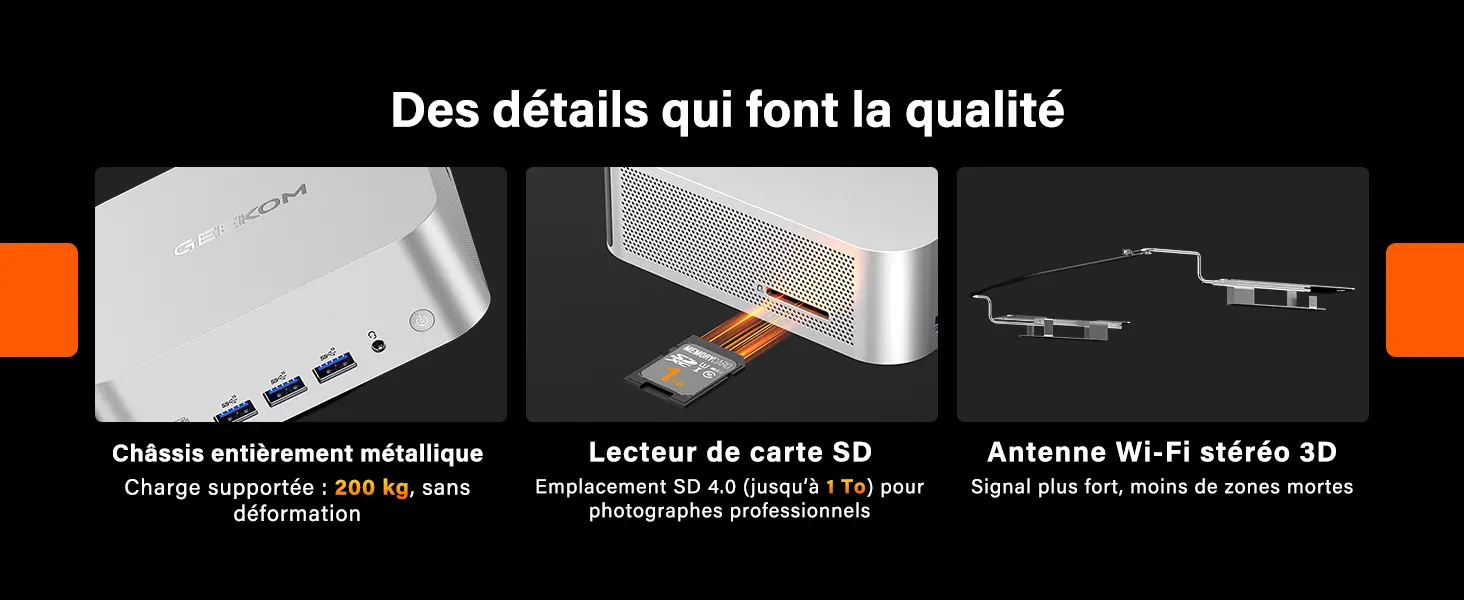 Châssis métal, lecteur SD et antenne Wi-Fi 3D du GEEKOM A9 Max