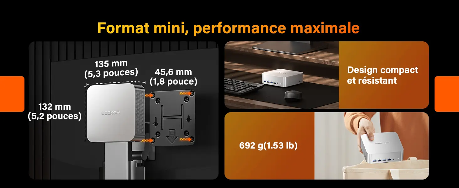 Format compact du GEEKOM A9 Max avec support VESA et châssis métal