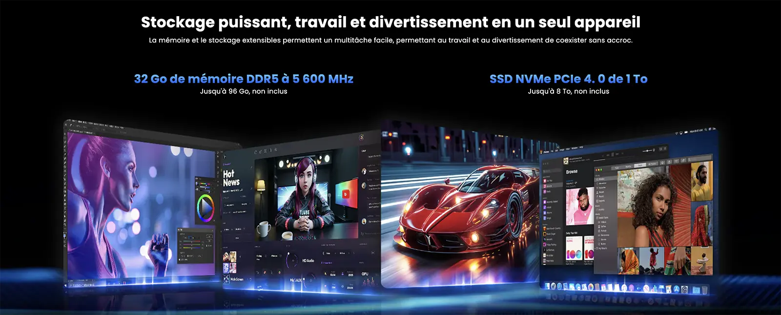 Infographie d'extension de stockage et de mémoire pour Mini PC MINIX ER937 présentant 32 Go de mémoire DDR5 à 5600 MHz (extensible à 96 Go) et un SSD NVMe PCIe 4.0 de 1 To (extensible jusqu'à 8 To) pour le travail multitâche intensif, l'édition de contenu et les jeux vidéo