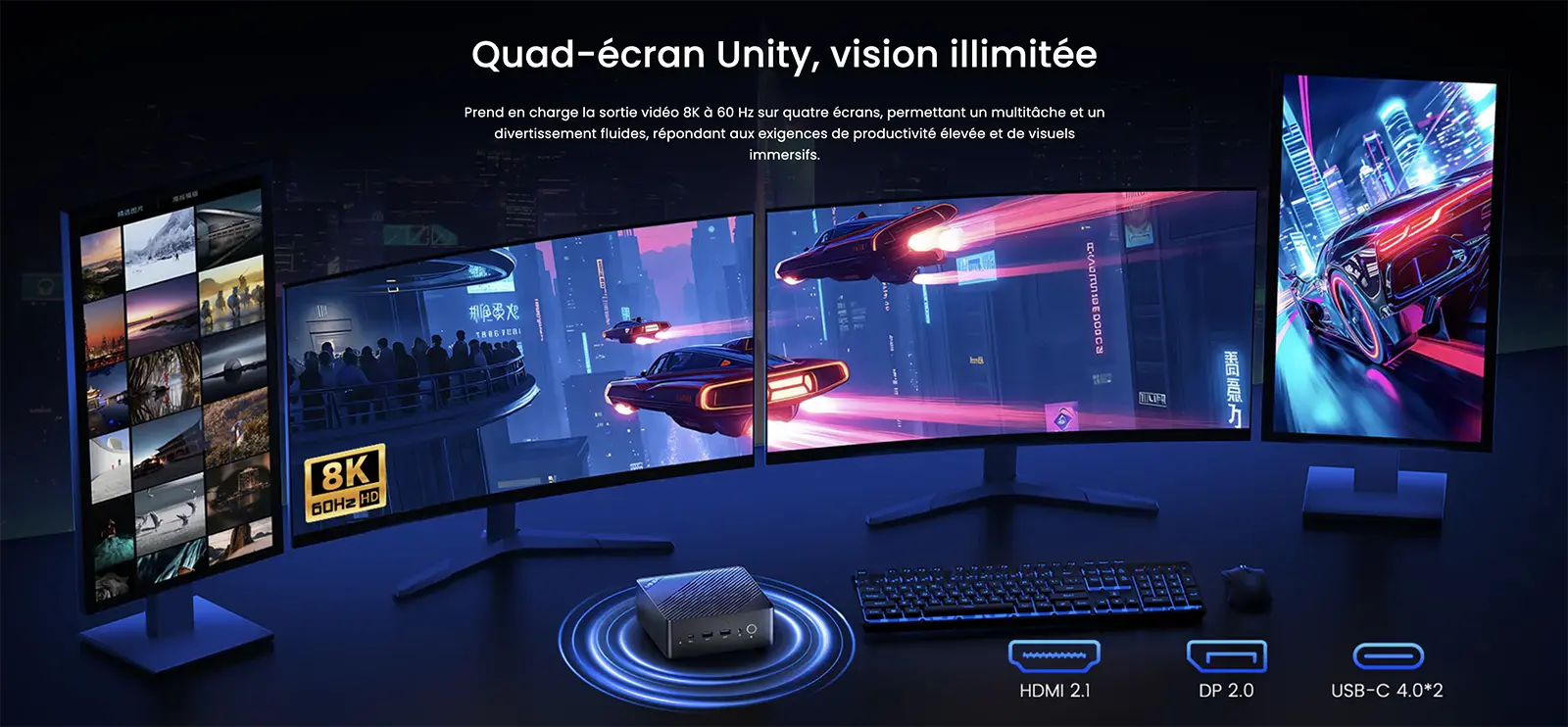 Infographie Quad-écran Unity pour Mini PC MINIX ER937 illustrant la gestion simultanée de quatre affichages vidéo jusqu'en résolution 8K à 60 Hz pour une productivité multitâche optimale, grâce aux sorties HDMI 2.1, DisplayPort 2.0 et deux ports USB-C 4.0