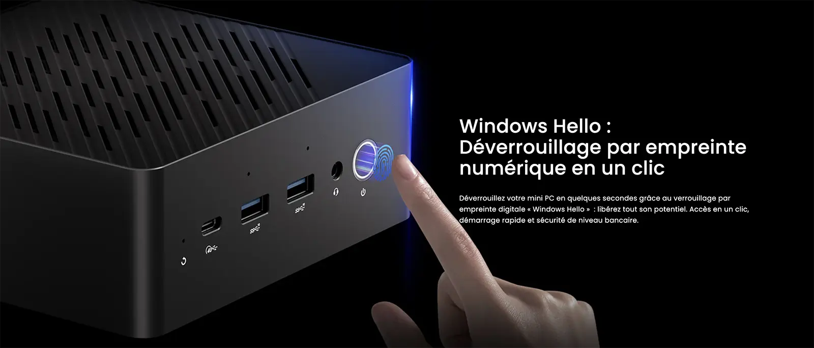 Présentation du bouton d'alimentation avec lecteur d'empreinte digitale intégré pour Mini PC MINIX ER937, montrant le déverrouillage sécurisé en un clic via Windows Hello et détaillant la connectique en façade de l'appareil