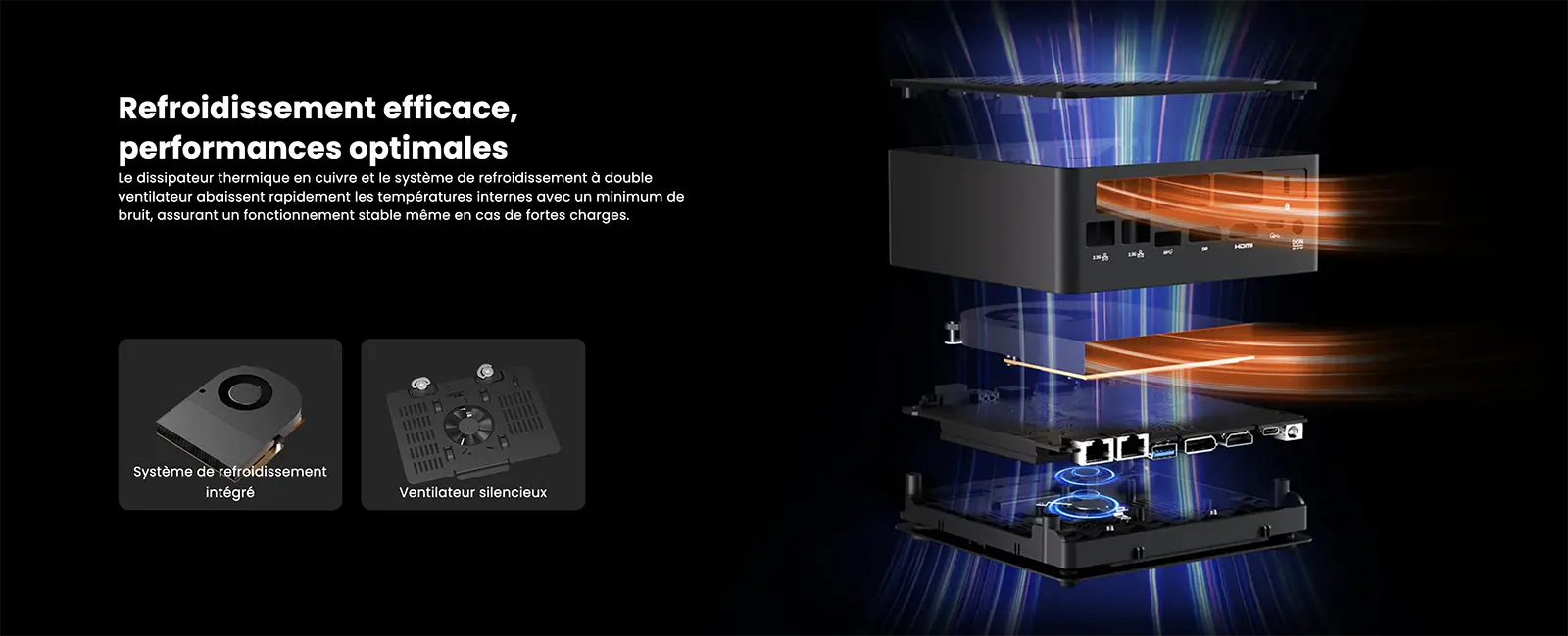 Éclaté technique du système de refroidissement actif du Mini PC MINIX ER937, présentant le dissipateur thermique en cuivre, la chambre à vapeur et le double ventilateur silencieux pour maintenir des performances stables sous de fortes charges