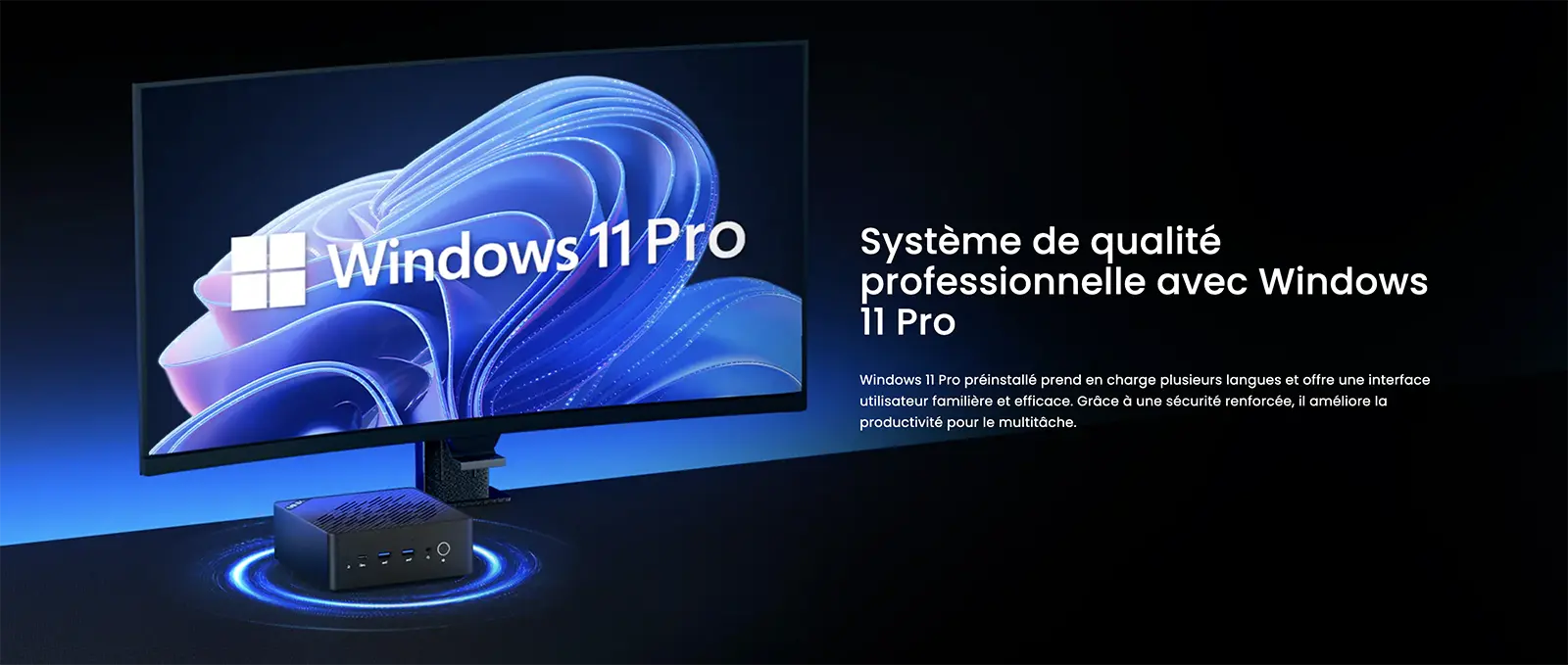 Présentation du système d'exploitation Windows 11 Pro préinstallé sur le Mini PC MINIX ER937, offrant une interface utilisateur professionnelle, sécurisée et multilingue pour optimiser le travail multitâche