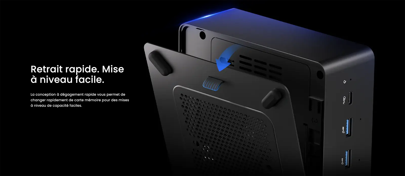 Mini PC MINIX ER937-AI avec système d'ouverture rapide permettant un accès facile à la RAM et au SSD pour les mises à niveau