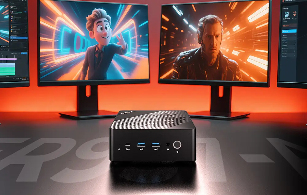 Mini PC MINIX ER937 en configuration multi-écrans pour le multitâche et la création de contenu.