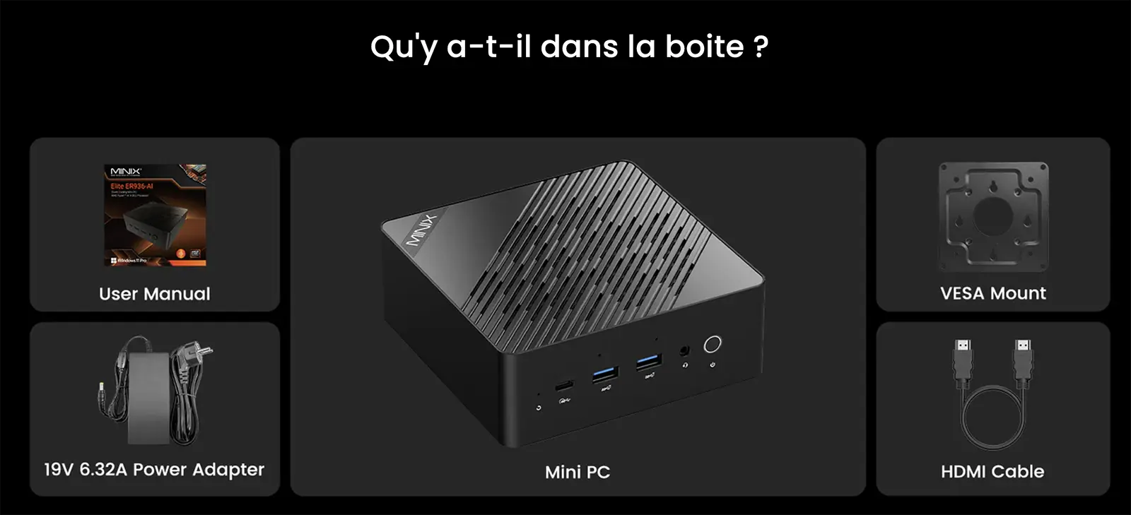 Contenu de la boîte du Mini PC MINIX ER937 avec adaptateur secteur, câble HDMI, support VESA et guide d'utilisation.