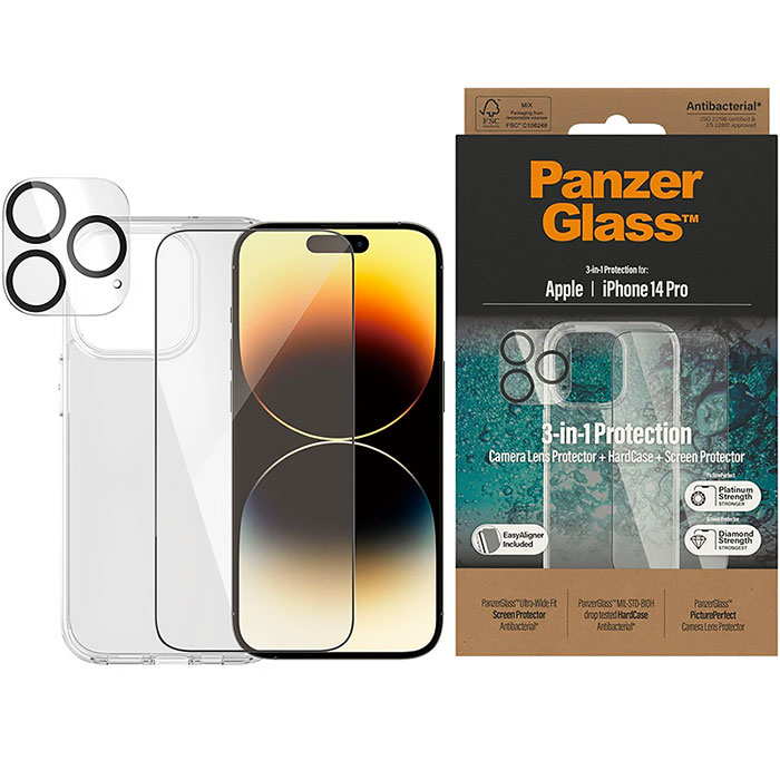 Pack PANZER GLASS 3-en-1 pour iPhone 14 Pro