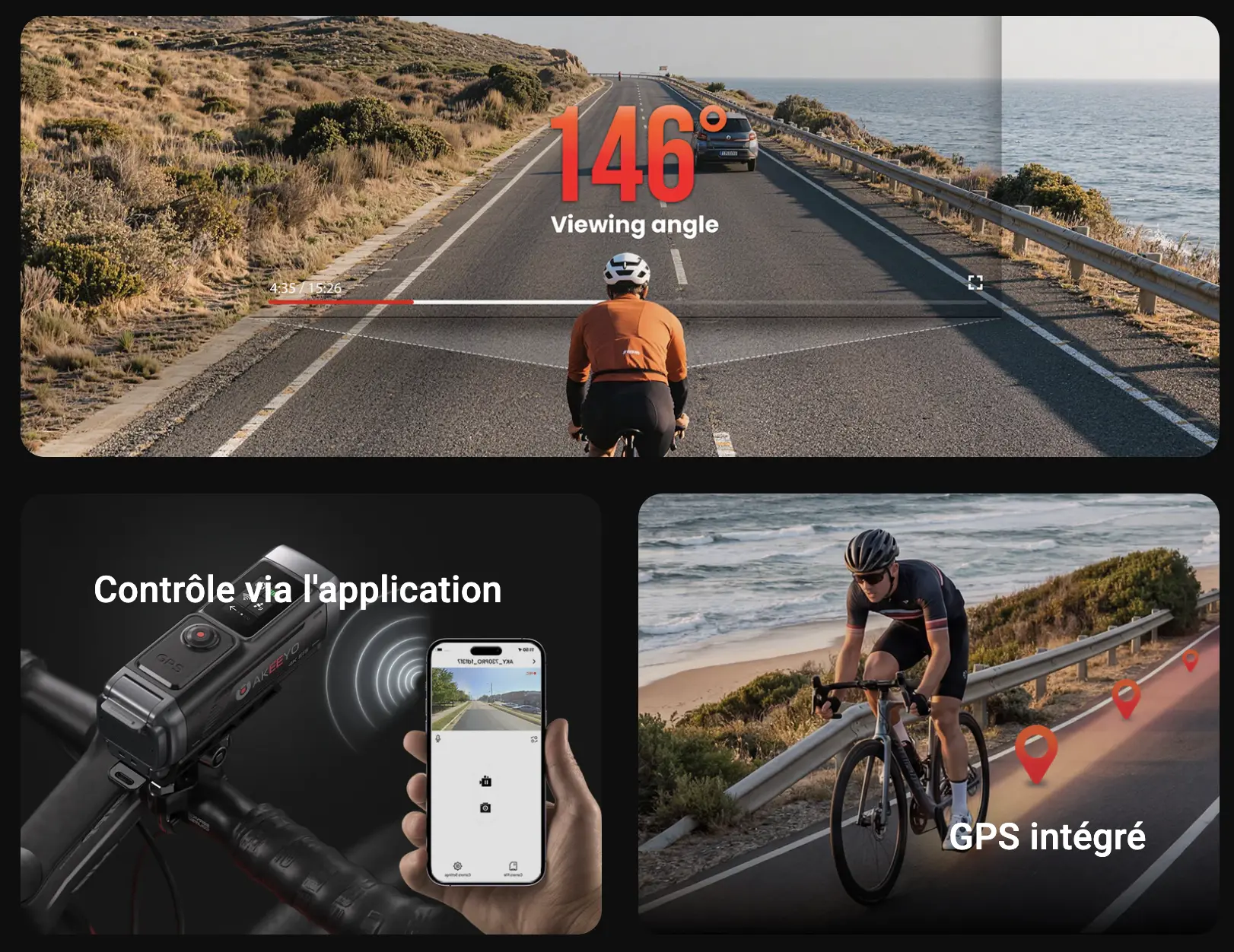Angle de vision 146° caméra AKEEYO 730Pro avec GPS intégré et application mobile