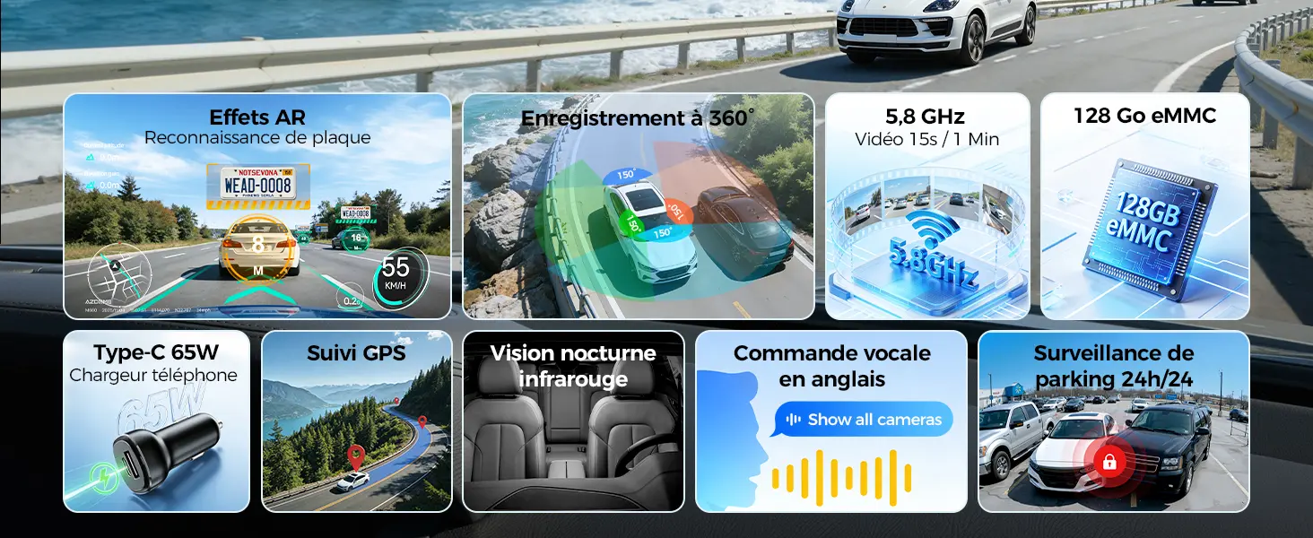 Infographie des fonctionnalités de la caméra embarquée AZDOME M660 montrant les effets AR de reconnaissance de plaque, l'enregistrement à 360 degrés, la connectivité Wi-Fi 5,8 GHz, la mémoire intégrée eMMC de 128 Go, le chargeur de voiture USB Type-C 65W, le suivi GPS, la vision nocturne infrarouge de l'habitacle, la commande vocale en anglais et la surveillance de parking automatique 24h/24