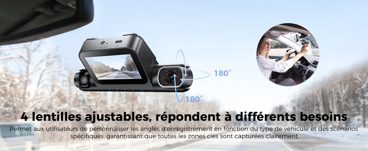 Présentation des 4 lentilles ajustables de la caméra embarquée AZDOME M660 montrant les réglages d'angles de vue à 180 degrés horizontalement et verticalement pour personnaliser l'enregistrement selon le type de véhicule, avec une femme au volant ajustant l'appareil fixé sur le pare-brise
