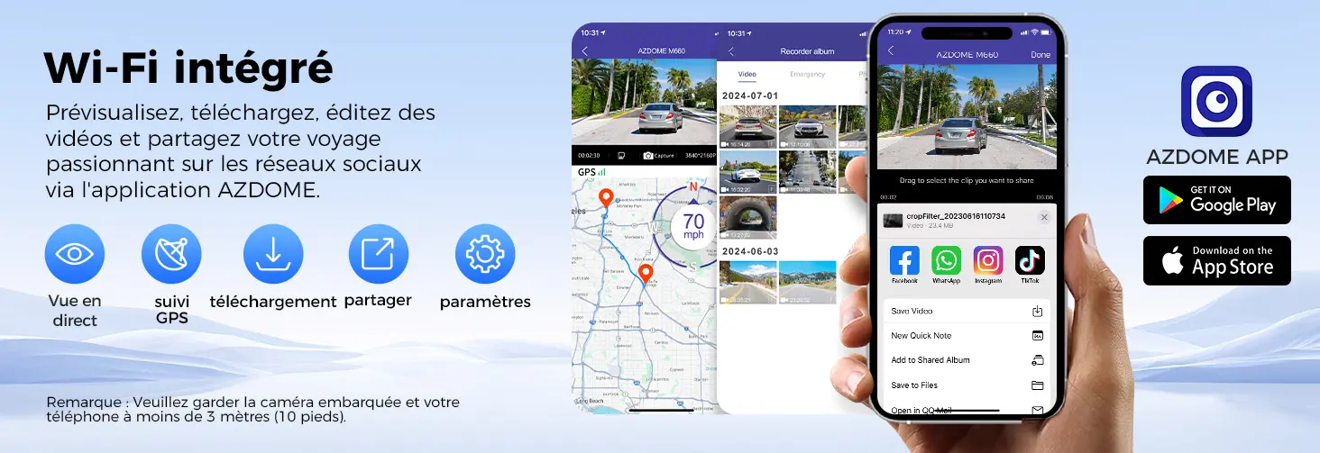 Infographie de la fonction Wi-Fi intégré de la dashcam AZDOME M660 illustrant la gestion via l'application mobile AZDOME APP sur smartphone : prévisualisation en direct, suivi GPS de l'itinéraire sur carte, téléchargement, modification des paramètres et partage direct des vidéos de voyage sur les réseaux sociaux