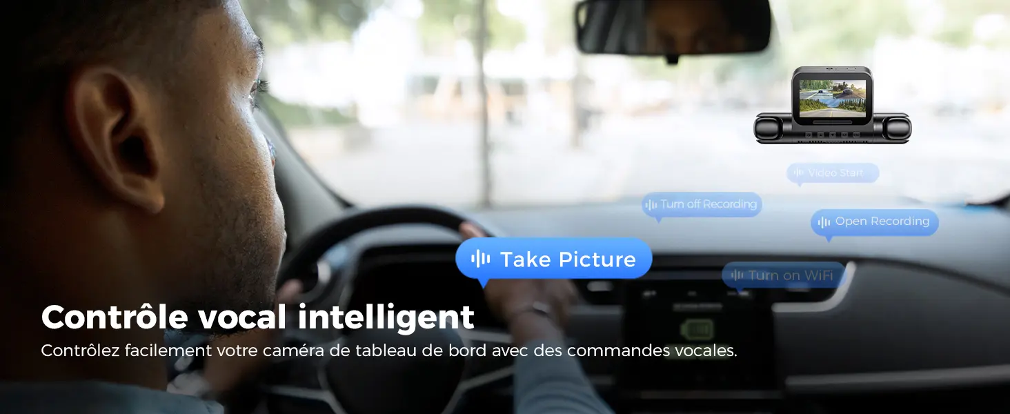 Infographie du système de contrôle vocal intelligent de la dashcam AZDOME M660 illustrant la conduite mains libres sécurisée avec les commandes vocales principales : Take Picture, Video Start, Open Recording, Turn off Recording et Turn on WiFi