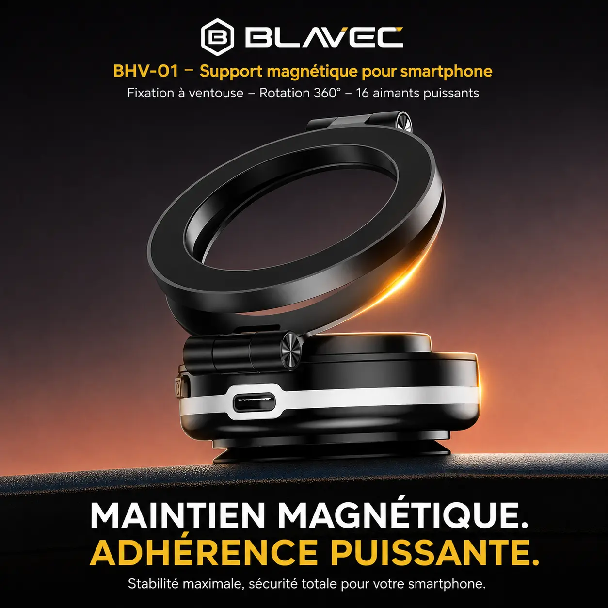 Support magnétique BLAVEC BHV-01 avec ventouse électrique et fixation smartphone