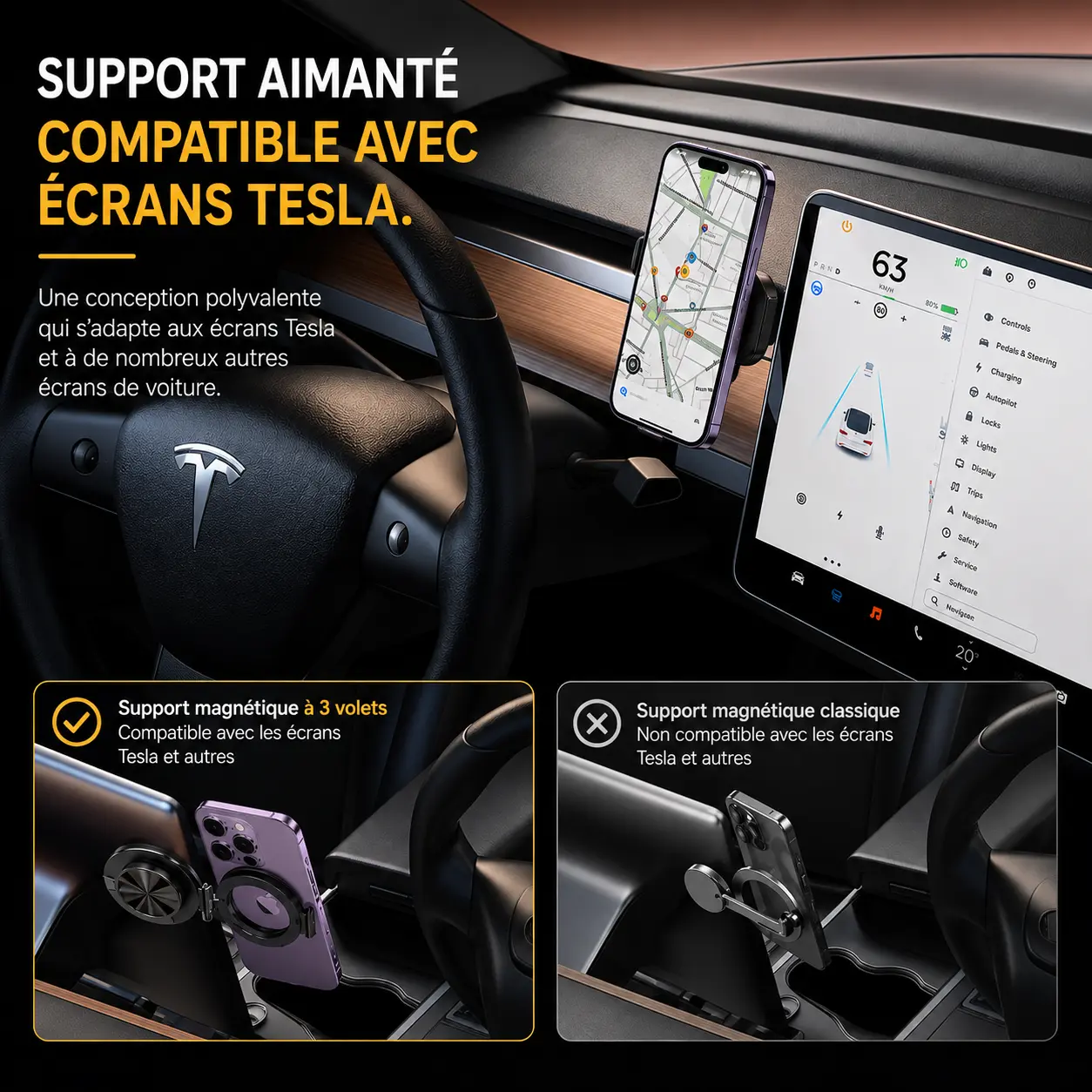 Support aimanté BLAVEC BHV-01 compatible avec écran Tesla et smartphone