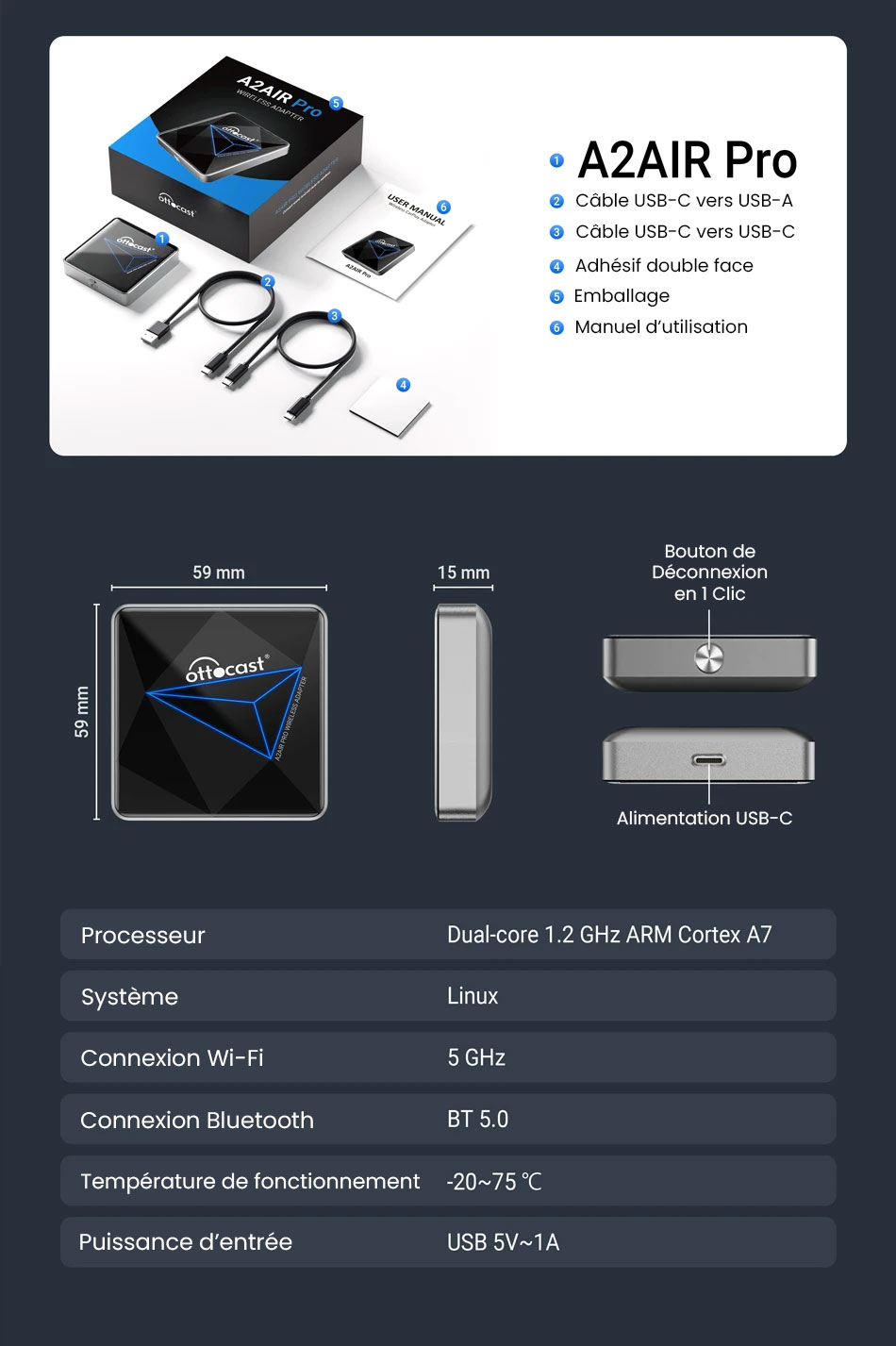 Adaptateur Sans Fil ANDROID Auto OTTOCAST A2Air Pro