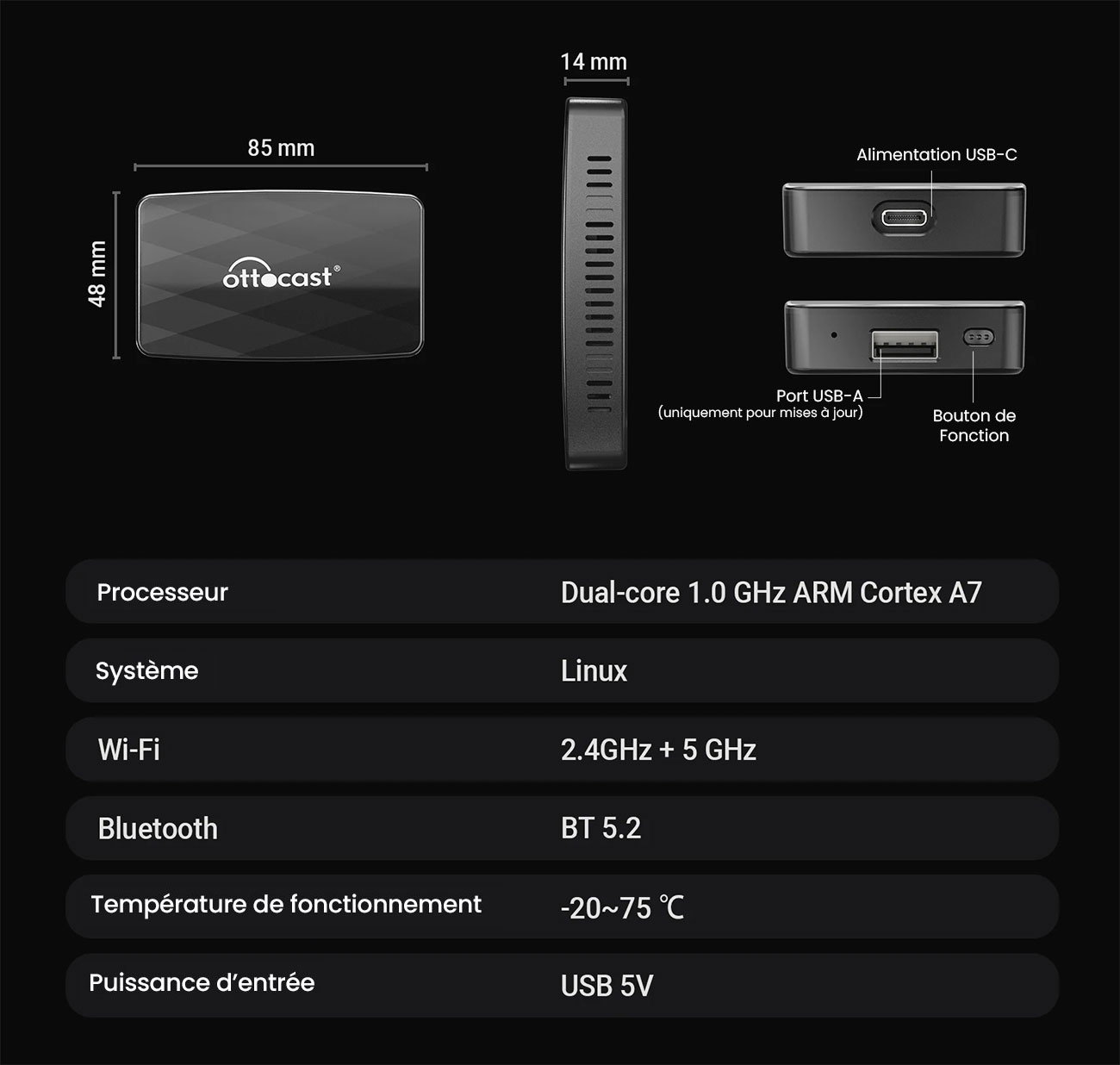 Adaptateur Sans Fil OTTOCAST MX Compatible CarPlay & Android Auto & AirPlay