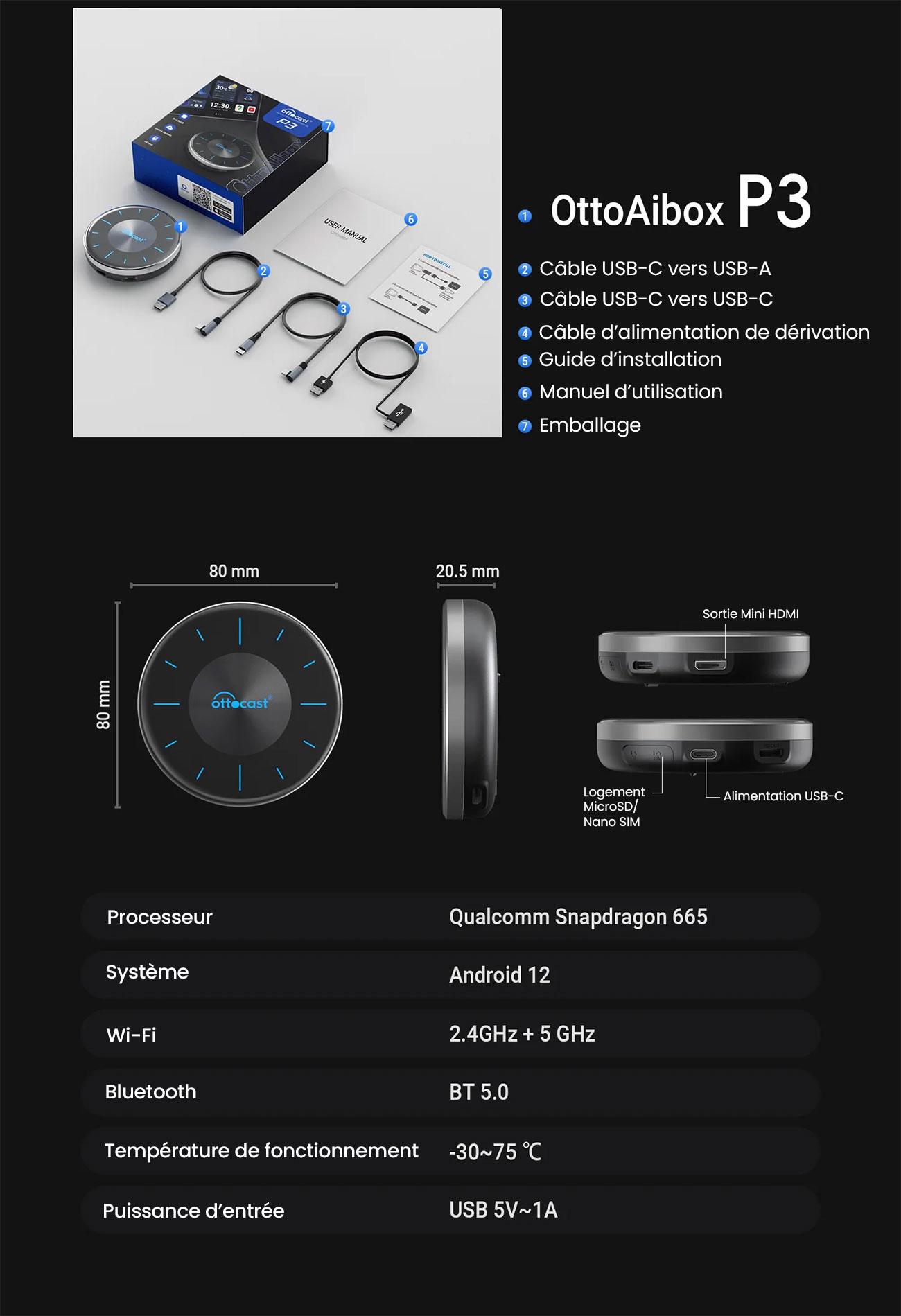 Adaptateur Sans Fil OTTOCAST P3 Compatible CarPlay & Android Auto